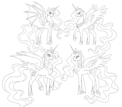 Size: 1701x1500 | Tagged: safe, princess cadance, princess celestia, princess luna, twilight sparkle, alicorn, bat pony, bat pony alicorn, alternate design, bat wings, black and white, grayscale, horn, jewelry, monochrome, regalia, sketch, wings