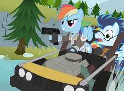 Size: 5224x3855 | Tagged: safe, artist:balintka96, rainbow dash, soarin', pegasus, pony, absurd resolution, alyx vance, car, female, glasses, gordon freeman, gun, half-life, half-life 2, hev suit, male, pistol, shipping, soarin freeman, soarindash, straight, tree, weapon