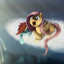 Size: 1200x1200 | Tagged: safe, artist:miokomata, fluttershy, rainbow dash, pegasus, pony, cloud, fireworks, night