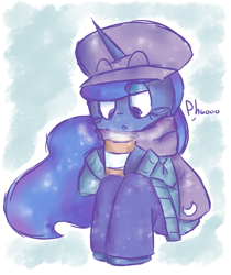 Size: 1251x1489 | Tagged: safe, artist:typhwosion, princess luna, alicorn, pony, semi-anthro, cap, clothes, cute, female, hat, hot drink, lunabetes, mug, pants, scarf, solo, sweater