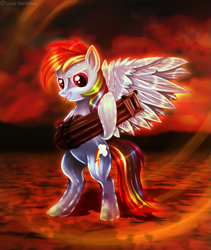 Size: 915x1084 | Tagged: dead source, safe, artist:lova-gardelius, rainbow dash, pegasus, pony, badass, female, gun, mare, red, solo, spread wings, toothpick, wings