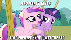 Size: 960x540 | Tagged: safe, edit, edited screencap, screencap, princess cadance, smarty pants, twilight sparkle, alicorn, pony, unicorn, caption, female, filly, implied bedwetting, implied pissing, implied urine, implied wetting, meme