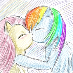 Size: 500x500 | Tagged: artist needed, safe, fluttershy, rainbow dash, pegasus, pony, female, flutterdash, kissing, lesbian, shipping