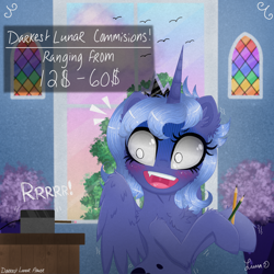 Size: 3024x3024 | Tagged: safe, artist:darkest-lunar-flower, princess luna, alicorn, pony, cheek fluff, chest fluff, ear fluff, female, on the moon for too long, pencil, pencil sharpener, s1 luna, scared, solo