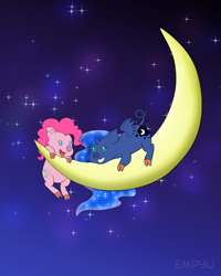 Size: 800x1000 | Tagged: safe, artist:empyu, pinkie pie, princess luna, pig, cloven hooves, crescent moon, cute, diapinkes, duo, female, lunabetes, moon, night, piggie pie, pigified, princess moonpig, sky, smiling, species swap, stars, tangible heavenly object, transparent moon
