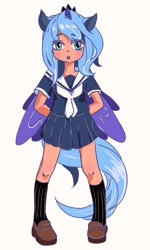 Size: 767x1280 | Tagged: safe, artist:魔法绚烂美少年, princess luna, human, alicorn humanization, clothes, eared humanization, female, horned humanization, humanized, school uniform, solo, tailed humanization, winged humanization, wings