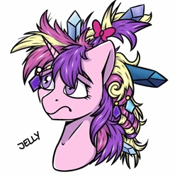 Size: 1280x1280 | Tagged: safe, artist:jellyys, princess cadance, alicorn, pony, games ponies play, alternate hairstyle, bad hair, bust, ceremonial headdress, female, mare, simple background, solo, white background