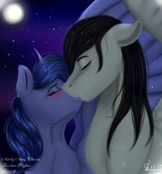 Size: 1600x1720 | Tagged: safe, artist:amywhooves, princess luna, oc, oc:skyline, alicorn, pony, canon x oc, commission, eyes closed, female, kissing, male