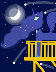 Size: 1487x1918 | Tagged: safe, artist:rainbow dash is best pony, princess luna, alicorn, pony, balcony, comet, ethereal mane, eyeshadow, full moon, hoof shoes, jewelry, makeup, moon, necklace, night, shooting stars, smiling, spread wings, starry mane, starry sky, stars, wings