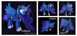 Size: 2558x1200 | Tagged: safe, artist:chibi-pets, princess luna, alicorn, pony, crown, ethereal mane, female, flowing mane, hoof shoes, irl, jewelry, mare, minky, photo, plushie, regalia, smiling, solo, starry mane, wings