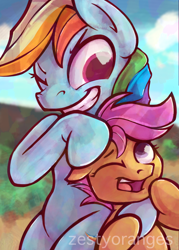 Size: 700x980 | Tagged: safe, artist:zestyoranges, rainbow dash, scootaloo, pegasus, pony, bust, noogie, portrait, scootalove