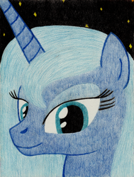 Size: 2457x3252 | Tagged: safe, artist:aracage, princess luna, alicorn, pony, bust, looking at you, pencil drawing, portrait, s1 luna, smiling, solo, stars, traditional art