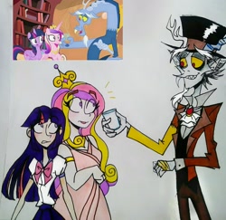 Size: 2732x2657 | Tagged: safe, artist:citi, screencap, discord, princess cadance, twilight sparkle, twilight sparkle (alicorn), alicorn, human, three's a crowd, bookshelf, glass of water, golden oaks library, humanized, scene interpretation, screencap reference, skinny, traditional art