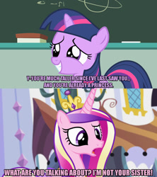 Size: 1280x1440 | Tagged: safe, edit, edited screencap, editor:jaredking203, screencap, princess cadance, twilight sparkle, alicorn, pony, unicorn, princess spike (episode), the cutie mark chronicles, caption, crown, female, filly, filly twilight sparkle, image macro, jewelry, meme, non sequitur, regalia, text, young, younger