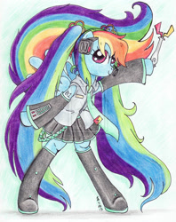 Size: 900x1134 | Tagged: safe, artist:oriwhitedeer, rainbow dash, pegasus, pony, alternate hairstyle, bipedal, boots, clothes, crossover, female, hatsune miku, mare, necktie, shoes, signature, simple background, solo, traditional art, vocaloid, white background