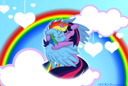 Size: 1951x1316 | Tagged: safe, artist:ambris, artist:flutterdash75, artist:iphstich, artist:yuninaoki, rainbow dash, twilight sparkle, unicorn twilight, pegasus, pony, unicorn, blushing, cloud, eyes closed, female, heart, hug, kissing, lesbian, mare, rainbow, shipping, signature, sky, twidash, winghug, wings