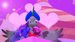 Size: 1920x1080 | Tagged: safe, artist:johnnyxluna, princess luna, tempest shadow, oc, oc:prince lightning chaser, alicorn, pony, 3d, canterlot castle, hearts and hooves day, leaning, love, resting, shielded, snuggeling, source filmmaker