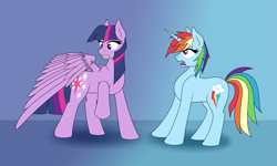 Size: 3933x2353 | Tagged: dead source, safe, artist:jykinturah, rainbow dash, twilight sparkle, pegasus, pony, unicorn, female, lesbian, pegasus twilight sparkle, race swap, shipping, shocked, twidash, unicorn rainbow dash