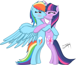 Size: 2426x2066 | Tagged: safe, artist:jykinturah, rainbow dash, twilight sparkle, pegasus, pony, bipedal, female, kissing, lesbian, shipping, twidash