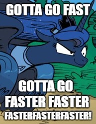 Size: 212x275 | Tagged: safe, edit, idw, princess luna, alicorn, pony, spoiler:comic, clothes, comic, cropped, crossover, female, gotta go fast, magic shirt, mare, meme, reference, running, shirt, solo, sonic the hedgehog (series), sonic x, star trek, wheel o feet
