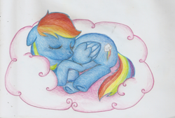 Size: 500x338 | Tagged: safe, artist:chimmycherrychanga, rainbow dash, pegasus, pony, cloud, sleeping, solo