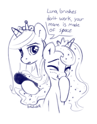Size: 3300x4200 | Tagged: safe, artist:bobdude0, princess cadance, princess luna, alicorn, pony, boop, brush, brushing, cute, dialogue, duo, duo female, ethereal mane, eyes closed, female, giggling, jewelry, mare, monochrome, no source available, regalia, self-boop, sketch, sketches from a hat