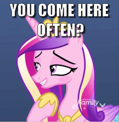 Size: 409x420 | Tagged: safe, edit, edited screencap, screencap, princess cadance, alicorn, pony, best gift ever, blushing, caption, cropped, discovery family logo, flirting, image macro, meme, question, solo, text