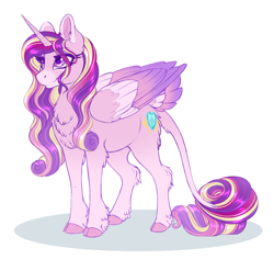 Size: 1322x1307 | Tagged: safe, artist:peridotkitty, princess cadance, alicorn, pony, chest fluff, cloven hooves, coat markings, colored hooves, colored wings, cute, cutedance, ear fluff, female, heart eyes, leg fluff, leonine tail, mare, multicolored wings, redesign, simple background, solo, tail feathers, tail fluff, white background, wingding eyes, wings