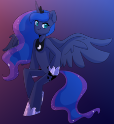 Size: 2312x2500 | Tagged: safe, artist:tigra0118, princess luna, anthro, semi-anthro, anatomically incorrect, art, chibi, ethereal mane, fanart, gradient background, hoof shoes, incorrect leg anatomy, looking at you, solo, starry mane