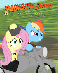 Size: 3618x4535 | Tagged: safe, artist:balintka96, fluttershy, rainbow dash, pegasus, pony, clothes, indiana jones, motorcycle, ponified, poster