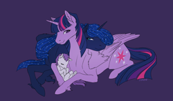 Size: 3000x1750 | Tagged: safe, artist:j3r1k0, princess luna, twilight sparkle, twilight sparkle (alicorn), oc, oc:solstice, alicorn, pony, baby, baby pony, female, foal, lesbian, magical lesbian spawn, mare, offspring, parent:princess luna, parent:twilight sparkle, parents:twiluna, prone, shipping, twiluna, unshorn fetlocks