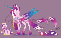 Size: 1280x805 | Tagged: safe, artist:crystalcontemplator, princess cadance, alicorn, pony, alternate design, chest fluff, cloven hooves, colored hooves, colored wings, colored wingtips, crystal horn, ear fluff, feather, feathered fetlocks, female, fluffy, gray background, horn, leg fluff, leonine tail, looking at you, mare, multicolored wings, neck fluff, obtrusive watermark, peacock feathers, peacock tail, signature, simple background, smiling, solo, tail feathers, unshorn fetlocks, watermark, wing fluff, wings