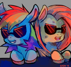 Size: 1116x1052 | Tagged: safe, artist:cherivinca, fluttershy, rainbow dash, pegasus, pony, sunglasses, swag