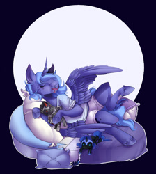 Size: 1024x1141 | Tagged: safe, artist:sughii, king sombra, nightmare moon, princess luna, alicorn, pony, semi-anthro, unicorn, clothes, female, implied lumbra, majestic as fuck, mare, plushie, s1 luna, shirt, shorts, sleeping