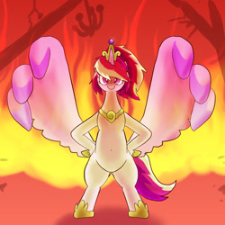Size: 1000x1000 | Tagged: safe, artist:kushina13, princess cadance, alicorn, pony, bipedal, female, fire, hooves, hooves on hips, looking at you, mare, messy mane, messy tail, oversized wings, solo, wing hands, wings