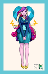 Size: 828x1280 | Tagged: safe, artist:srasomeone, part of a set, dean cadance, princess cadance, equestria girls, breasts, clothes, cutie mark background, female, high heels, jacket, jewelry, latex, looking at you, necklace, princess cansdance, shiny, shoes, simple background, skirt, solo, white background