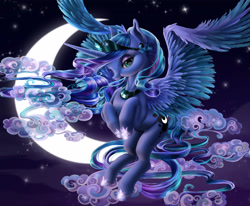 Size: 3112x2566 | Tagged: safe, artist:childishcrreator, princess luna, alicorn, pony, cloud, crescent moon, flying, hoof shoes, moon, night, ombre hair, solo, stars