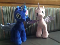 Size: 400x299 | Tagged: safe, artist:matthewbro1, princess cadance, princess luna, alicorn, pony, build-a-bear, flying, photo, plushie