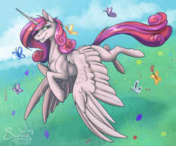 Size: 1200x1000 | Tagged: safe, artist:sunny way, princess cadance, oc, oc only, oc:bleeding heart, alicorn, butterfly, fly, insect, pony, beautiful, cloud, cloudy, cute, cutedance, feather, female, flying, grass, horn, mare, nightmare cadance, nightmarified, sly, smiley face, smiling, solo, spring, wings