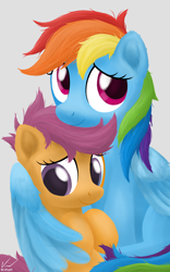 Size: 1280x2048 | Tagged: safe, artist:symbianl, rainbow dash, scootaloo, pegasus, pony, cute, cutealoo, dashabetes, female, hug, scootalove, siblings, sisters, winghug