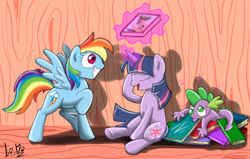 Size: 850x541 | Tagged: safe, artist:chocolatechilla, daring do, rainbow dash, spike, twilight sparkle, dragon, pegasus, pony, book, magic, pile