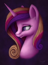 Size: 1024x1366 | Tagged: safe, artist:allforyouart, princess cadance, alicorn, pony, bust, female, lidded eyes, mare, portrait, purple background, simple background, smiling, solo, speedpaint available