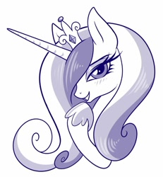 Size: 674x731 | Tagged: safe, artist:sorcerushorserus, princess cadance, alicorn, pony, blushing, female, lidded eyes, looking at you, mare, monochrome, simple background, smiling, solo, white background