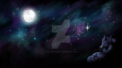 Size: 1024x576 | Tagged: safe, artist:feather-ponyart, princess luna, alicorn, pony, deviantart watermark, female, filly, moon, night, obtrusive watermark, on back, royal sisters, solo, song reference, stargazing, stars, watermark, youtube video