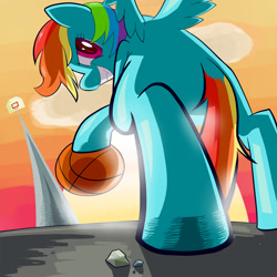 Size: 1500x1500 | Tagged: safe, artist:pashoo, rainbow dash, pegasus, pony, backlighting, basketball, dock, low angle, plot, solo, sports