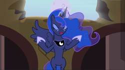 Size: 1667x933 | Tagged: safe, screencap, princess luna, alicorn, pony, princess twilight sparkle (episode), angry, chestplate, ethereal mane, eyes closed, eyeshadow, female, flashback, floating, flowing mane, glowing horn, hoof shoes, jewelry, magic, makeup, mare, moon, moon work, open mouth, raised hooves, raising the moon, regalia, sin of envy, sin of wrath, solo, spread wings, starry mane