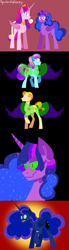 Size: 822x2974 | Tagged: safe, artist:spudsmcfrenzy, princess cadance, princess luna, twilight sparkle, twilight sparkle (alicorn), alicorn, pony, comic:skinwalker, comic, female, inkieverse, mare, possessed, possession, sombra eyes, this will end in death, this will end in tears, this will end in tears and/or death