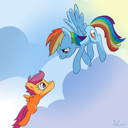 Size: 2100x2100 | Tagged: safe, artist:fapalot, rainbow dash, scootaloo, pegasus, pony, flying, scootaloo can fly, sky