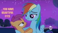 Size: 1000x563 | Tagged: safe, edit, edited screencap, screencap, rainbow dash, scootaloo, pegasus, pony, fanfic:rainbow factory, bedroom eyes, caption, eye contact, eyes, female, grin, hub logo, image macro, lesbian, night, orange text, out of context, scootadash, scootalove, shipping, smiling