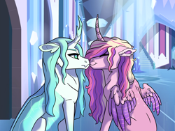 Size: 4000x3000 | Tagged: safe, artist:venommocity, princess cadance, queen chrysalis, alicorn, changedling, changeling, changeling queen, pony, cadalis, female, high res, infidelity, lesbian, nuzzling, purified chrysalis, shipping